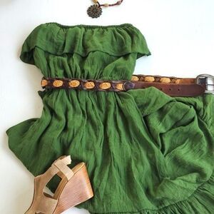 PAPER TEE GREEN STRAPLESS RUFFLE COTTON DRESS HIGH LOW SIZE SMALL FALL